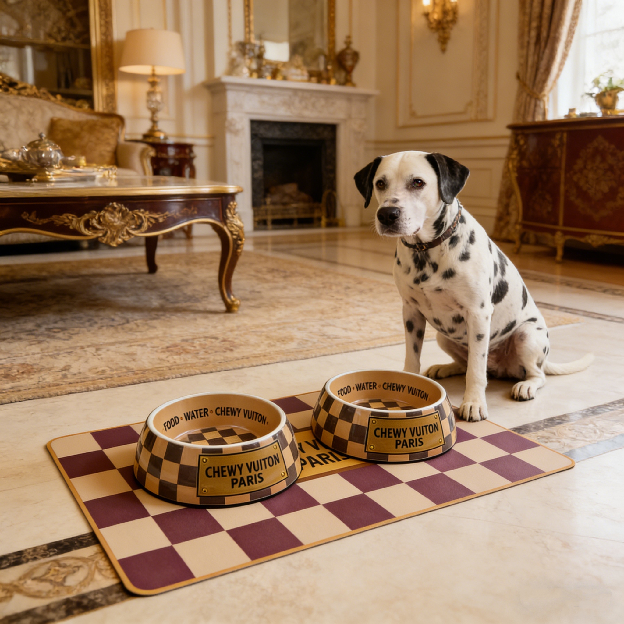 Designer Pet Bowl and Placemat, Pet Food Water Bowls Melamine Non-Slip Skid Proof Heavy Duty for Small Medium Large Dogs Cats Puppies, Luxury Style, B