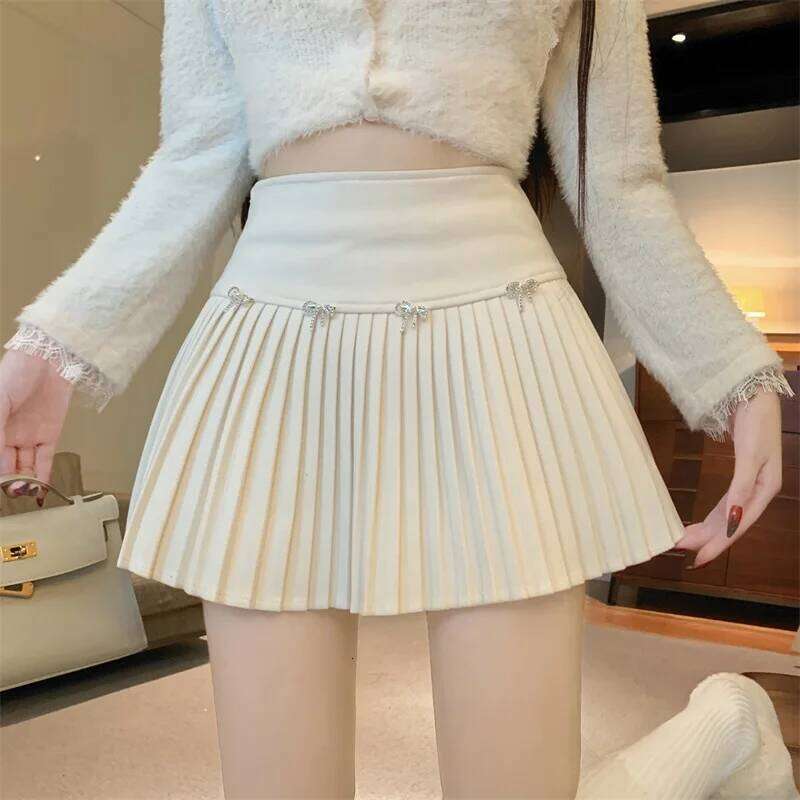 Ezgaga Mini Skirts Women Vintage Bow High Waist Slim Preppy Style Pleated Skirt Girl Fashion Streetwear Sweet Culottes XJ260131