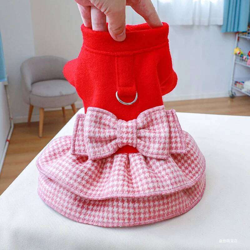1PC Pet Clothes Cat Autumn Winter Thickened Warm Red Princess Dress Belt Traction Buckle Suitable for Small and Medium sized Dog H260130