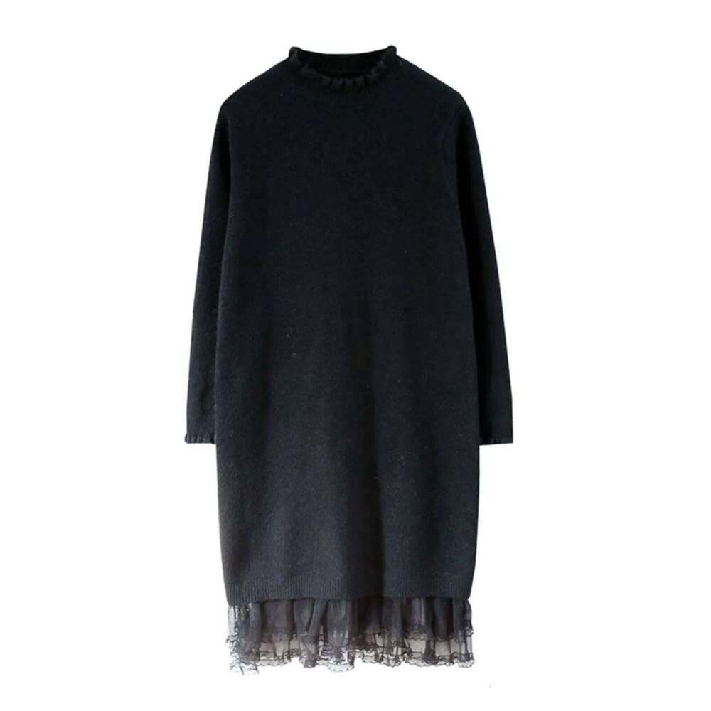 Lace Splicing Knitted Sweater Dress Women Autumn Winter Korean Half High Collar Thick Mid Dresses Solid Color Loose Versatile XJ260131