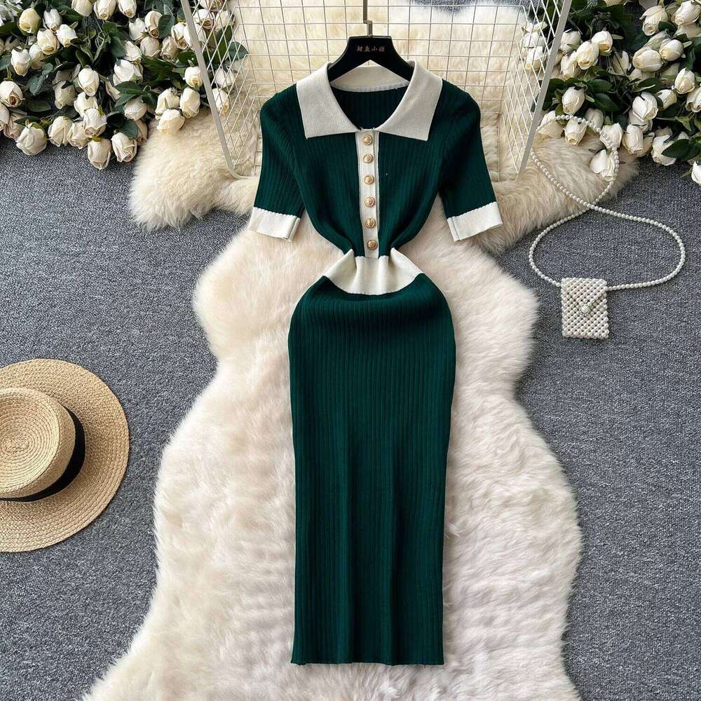 REALEFT Short Sleeve Polo Collar Patchwork Knitted Dress for Women 2025 New Spring Summer Buttons French Style Women's Dresses XJ260131