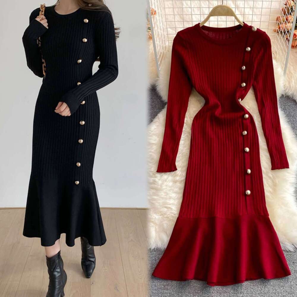 YuooMuoo Brand Fashion Long Sleeve Knitted Mermaid 2025 New Elegant Buttons Rib Sweater Dress Lady Bodycon Party Vestidos XJ260131