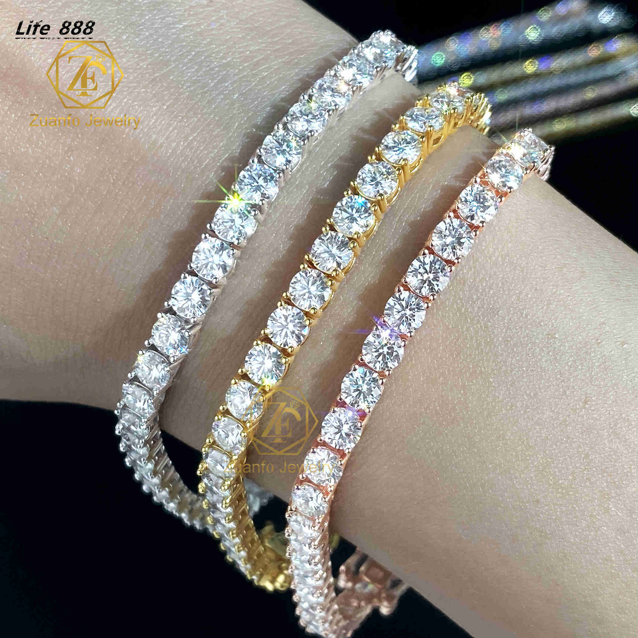 ZuanfoJewelry Customize Moissanite Chain 3/4/5mm 18k Gold Plated Silver Yellow Blue Green Hiphop Tennis Chain Bracelets