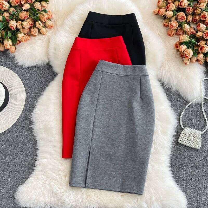 Women's Solid High Waist Work Pencil 2025 New Fashion Ladies Slim Fit Split Office OL Skirt Grey Red Black Skirts XJ260131