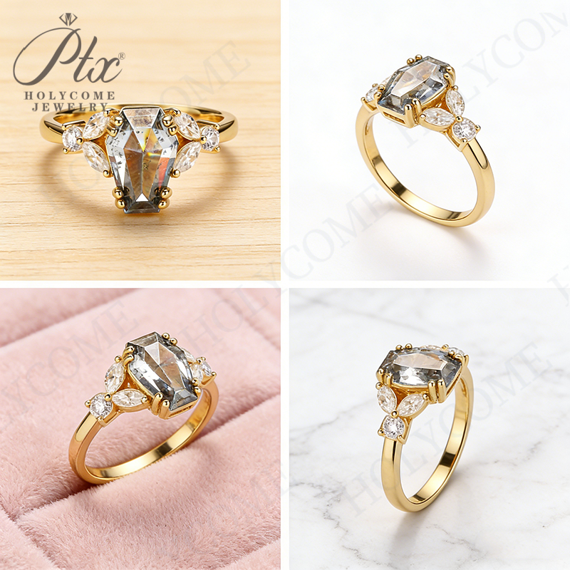 Customize Ring Salt and Pepper Moissanite Diamond Kite Pear Coffin Hexagon Half Moon Cut 925 Silver Wedding Vintage Jewelry