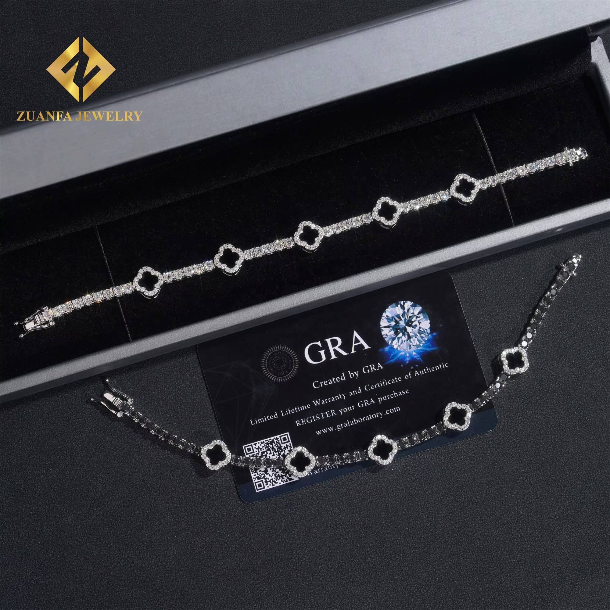 New Arrivals 3mm Iced Out Hip Hop Jewelry S925 Silver VVS1 Moissanite Diamond Four Clover Leaf Cluster Tennis Bracelet