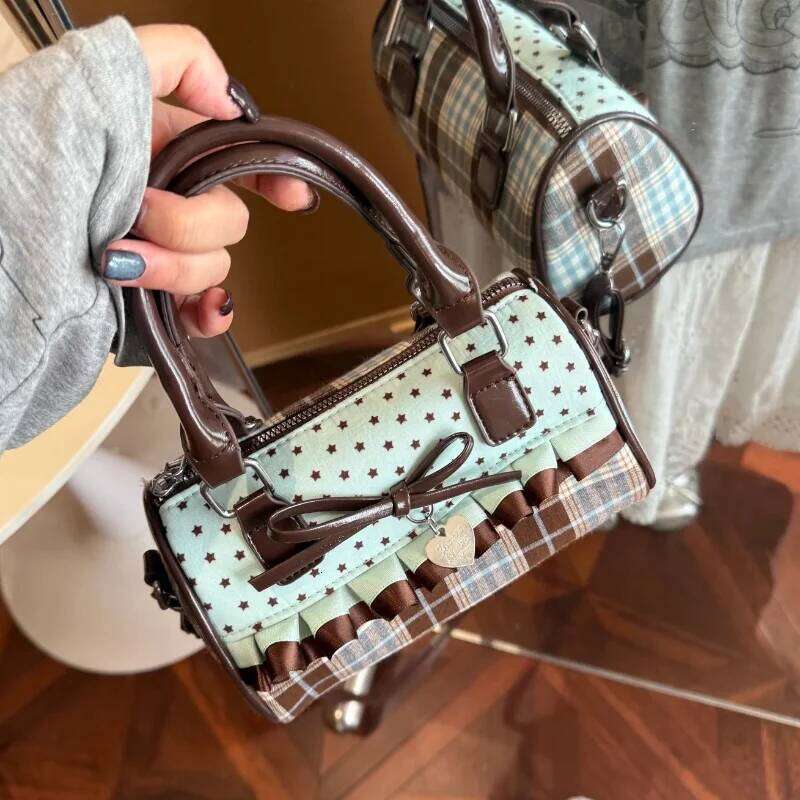 Korean Bow Polka Dot Fashion Bowler Color-blocked Lace Y2k Style Handbag Retro Sweet Plaid Crossbody Zipper Shoulder Bag XJ260130