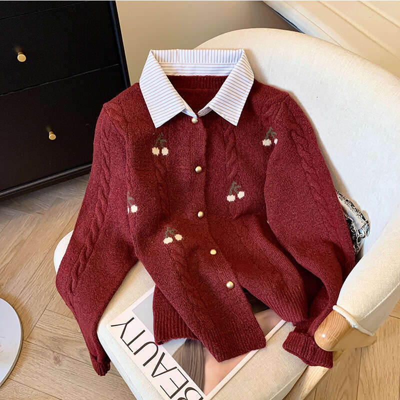 Counter Withdrawal Cut Label Fake Two-Piece Shirt Collar Sweater Coat Women Autumn Winter New College Style Soft Knitted Cardigan