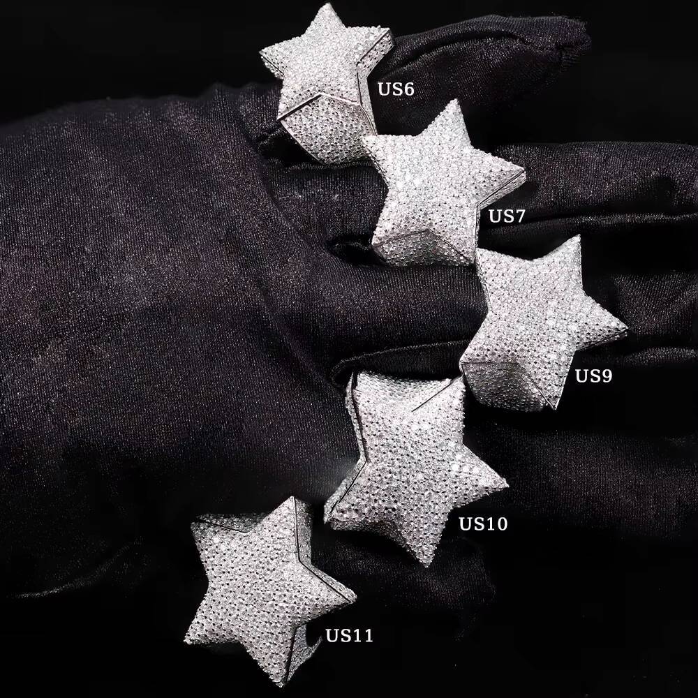 Hot Sale Gold Plated 611 Full Size Lucky Star Ring Ice Out Moissanite Hip Hop Style Cuban 925 Sterling Silver Rings for Men