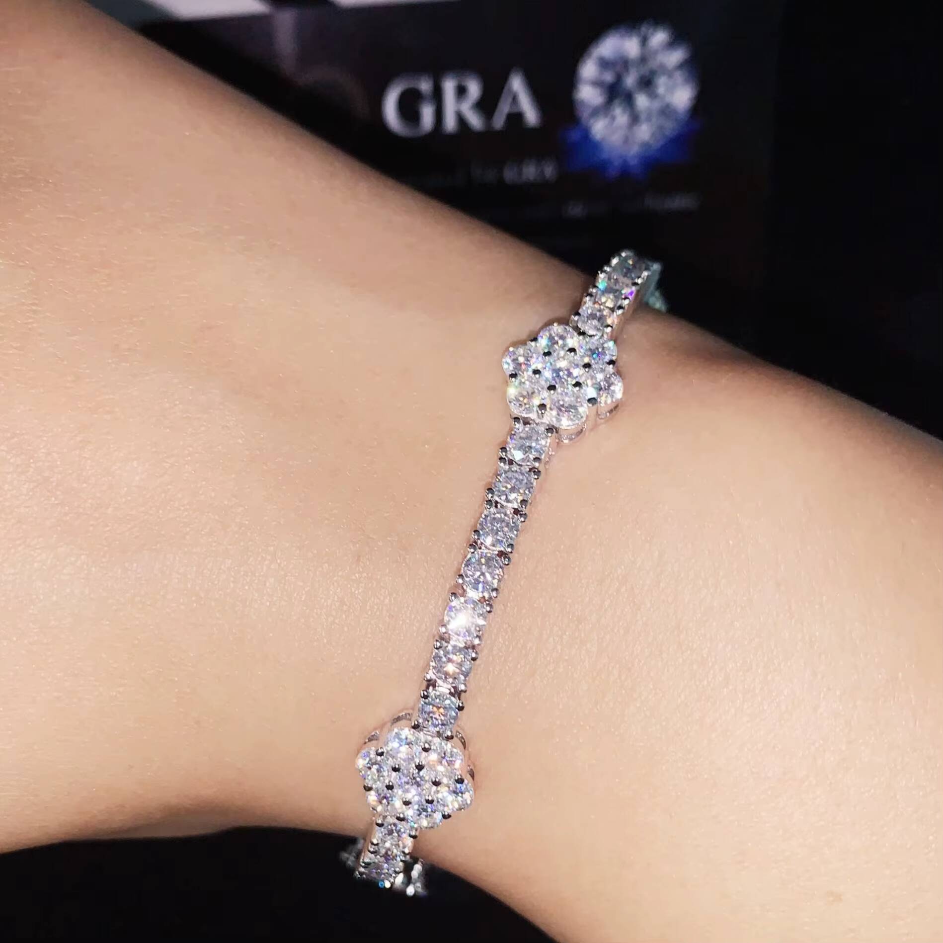 3mm Flower Moissanite Tennis Chain Hip Hop Bracelet 925 Moissanite Tennis Bracelet Women Jewelry Gift Idea for Girl