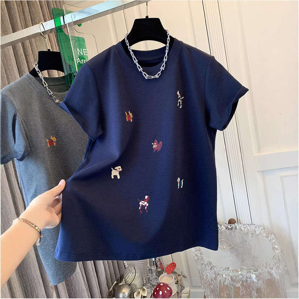 European Goods 150Kg Extra Large Embroidered Cartoon Brushed Cotton Short Sleeve T-Shirt Base Shirt For Women Spring And Autumn Loose Versatile Top