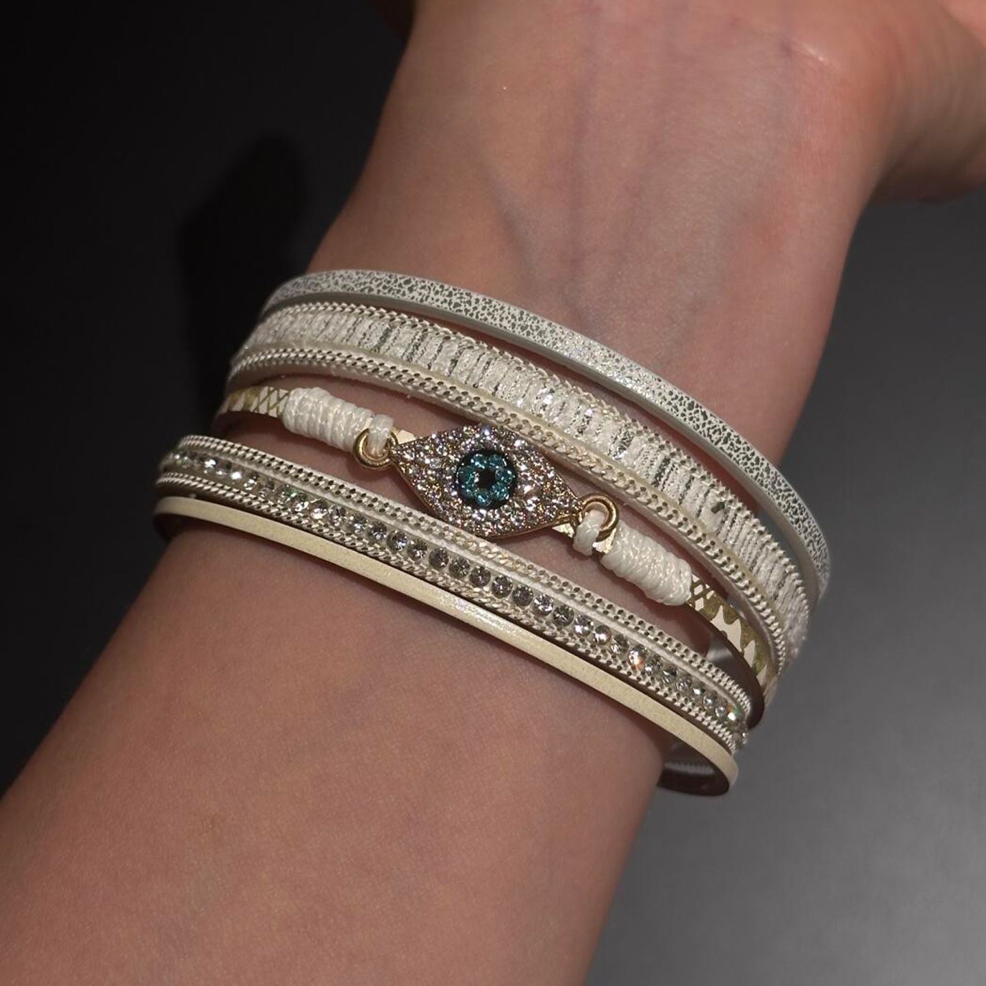 Inlaid Diamond Leather Devil's Eye Multi-layer Magnetic European and American Retro Light Luxury Bracelet Niche Design Sense Jewelry for Women