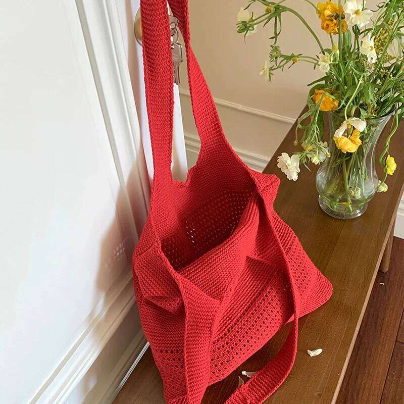Summer New Simple Style Mesh Handbag Shopping Beach Knit Shoulder Bag Women's Hollow Out Large Capacity Totes XJ260130