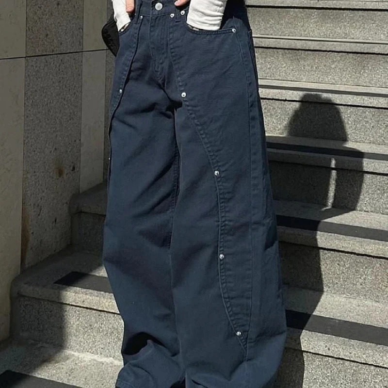 Jeans for Woman Y2k Clothes Relaxed Loose Fit Wide Leg Trousers Vintage American Retro Style with Rivet Patchwork Split 260120
