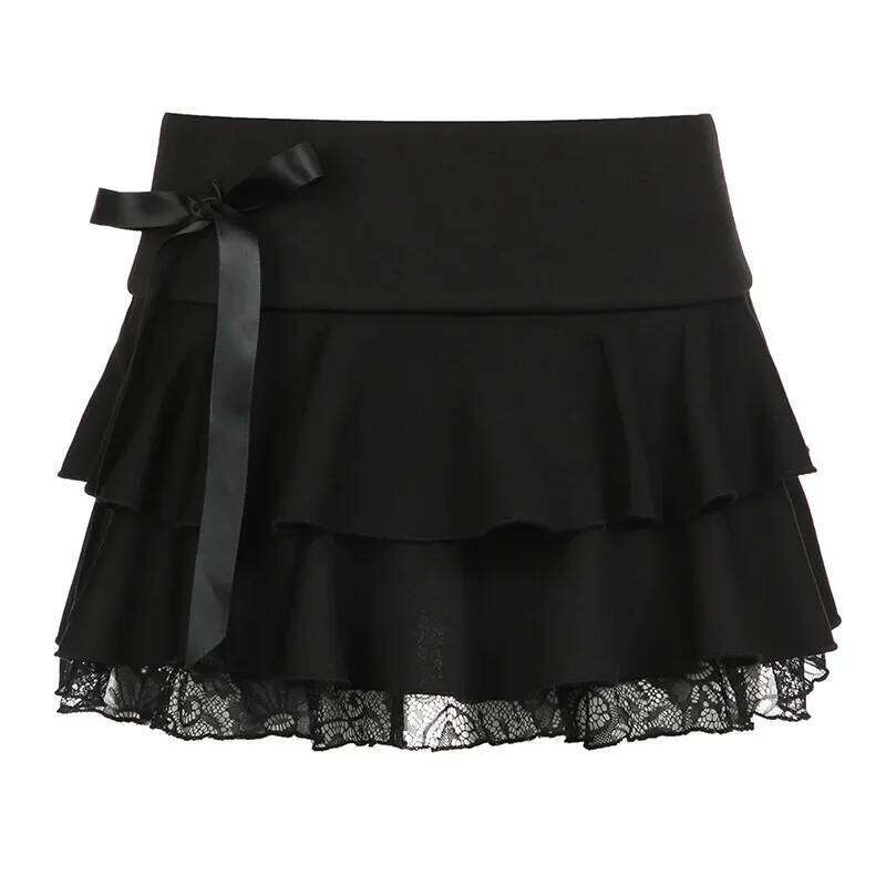 Dark Academia Lace A-line Mini Skirt Black Low Waisted Bow Stitching Short Skirts Y2K Gothic Cute Bottoms Streetwear XJ260131
