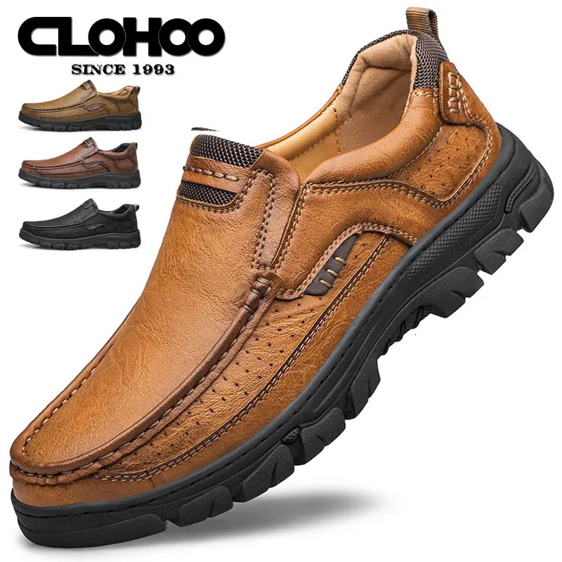 CLOHOOMens Casual Loafers Handmade Breathable Leather Shoes with Thick Rubber Sole Comfortable Footwear Classic Hand Sewn Seams 260126