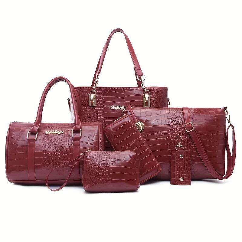 6pcs Vintage Women's Stylish Lacquer Crocodile Print Leather Handbag set Daily Commute Tote Shoulder Bag For Women Purse