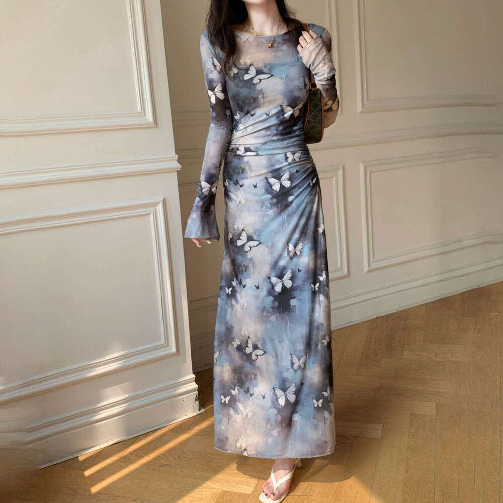 New Cool And Elegant Mesh Long Printed Waist Slim Fit Flared Sleeve Ink Style Dress