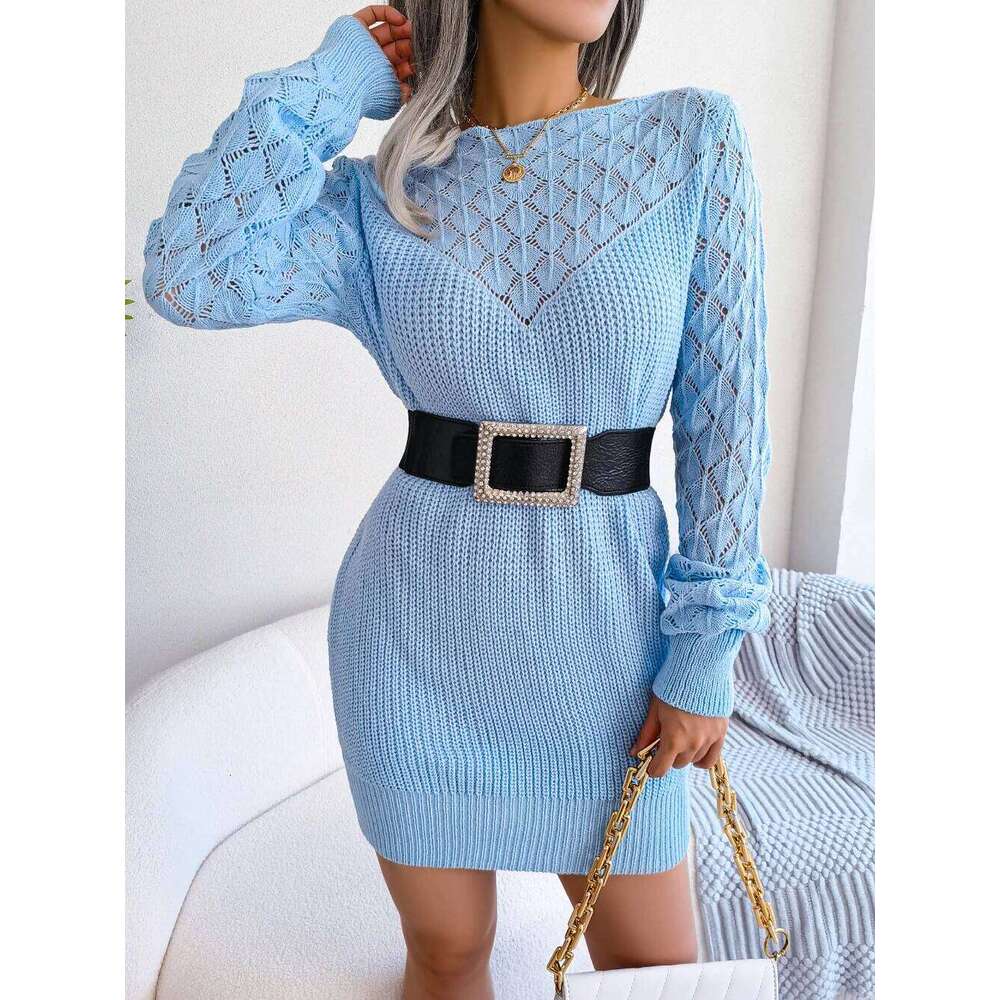 Hollow Out Long Sleeve Casual Knitted Sweater Women Autumn Winter 2026 Clothes Without Belt Pink Blue White Mini Dress XJ260131