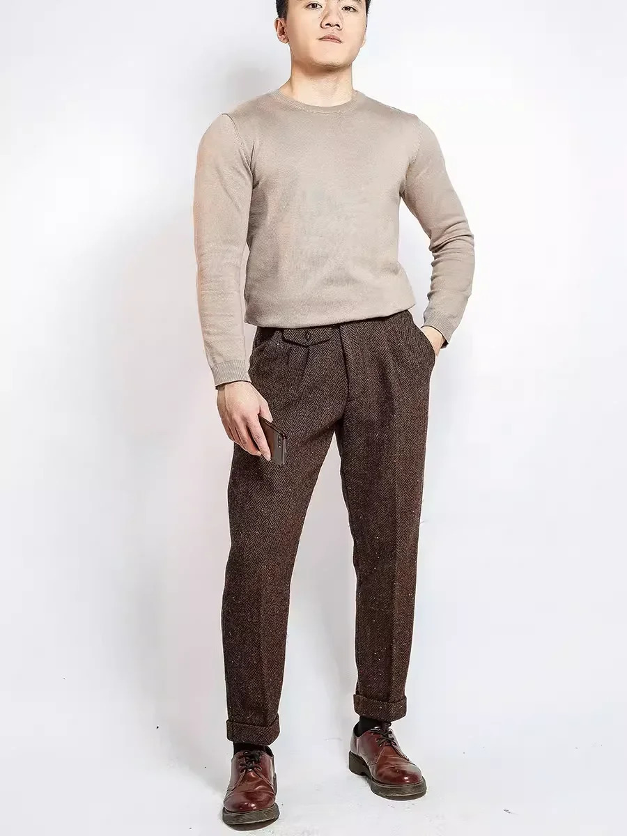 2025 Autumn Winter Men Retro Fashion Pockets Wool Pant Mens Long Woolen Straight Trousers Male Loose Thick Warm Pants F327 260120