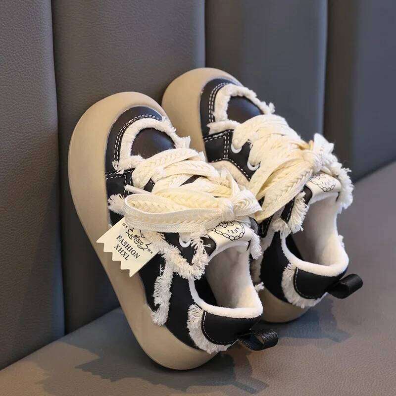 Girls Autumn Winter Fashion PU Leather Warm Cotton Lace Up Soft Sole Kids Sneakers Versatile Non-slip Skate Shoes Y260128