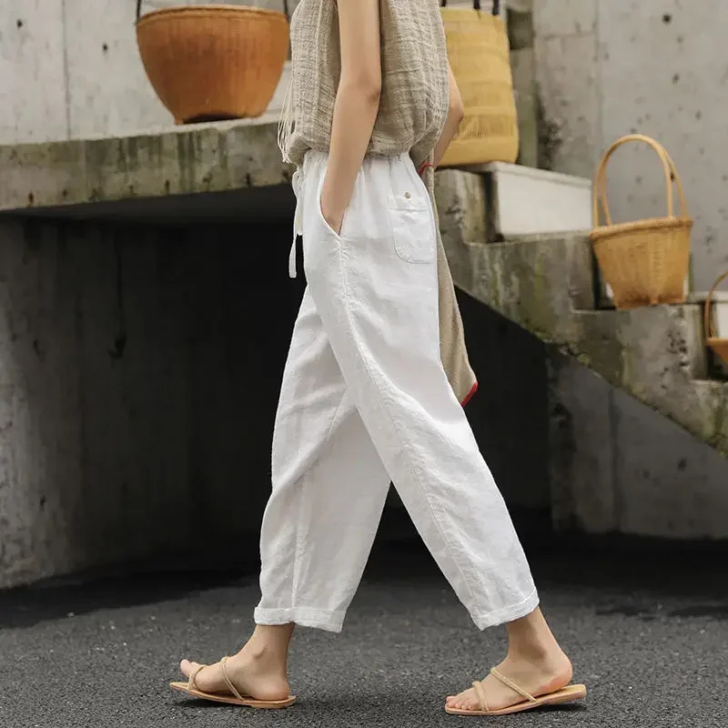 2024 UZZDSs Summer Cotton Linen Loose Pocket Elastic Waist Wideleg Retro Literary Casual Ninth Pants Suit 260120