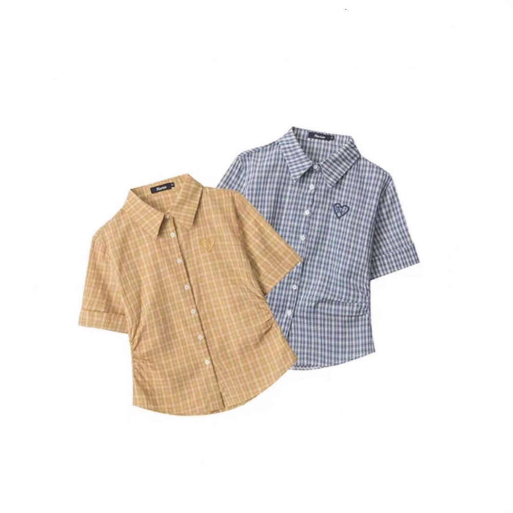 American Retro Heart Embroidery Plaid Shirt For Women, Summer Irregular Pleated Waist Slimming Blue Short Sleeve Top