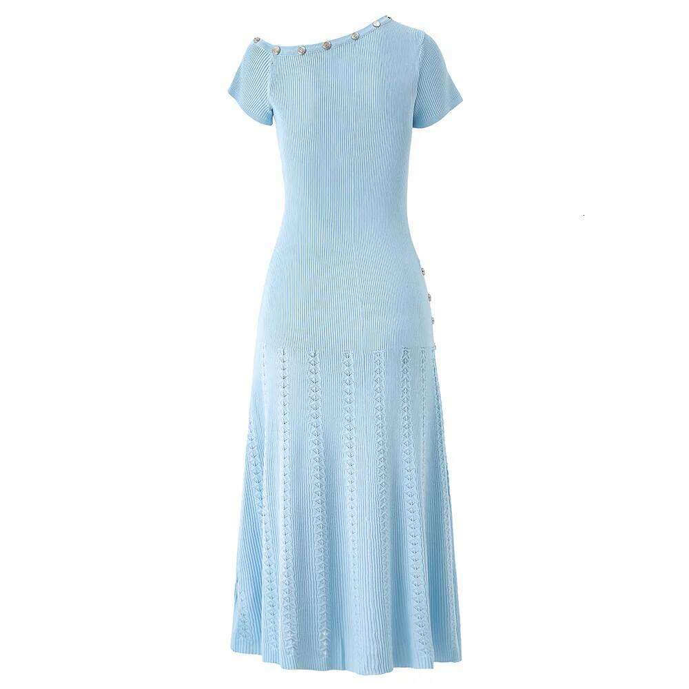 Designed Asymmetrical Shoulder Lady Summer Wear O-neck Short Sleeve Knitted Fit And Flare Women Solid Long Dress XJ260131