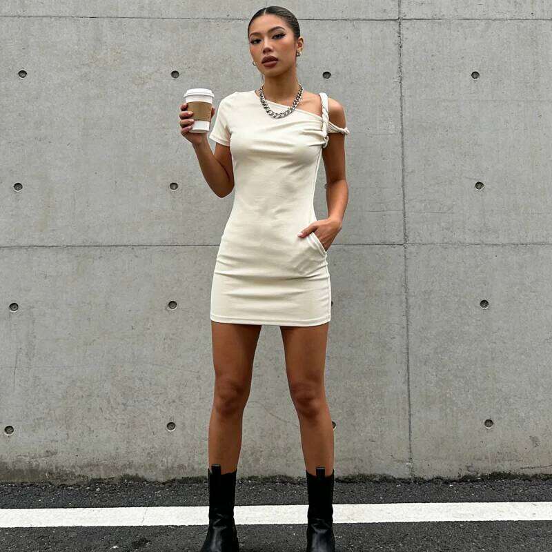 Spring Summer 2026 European American New Street Fashion Women s Slanted Shoulder Solid Color Slim Fit Sexy Hip Hugging Dress XJ260131