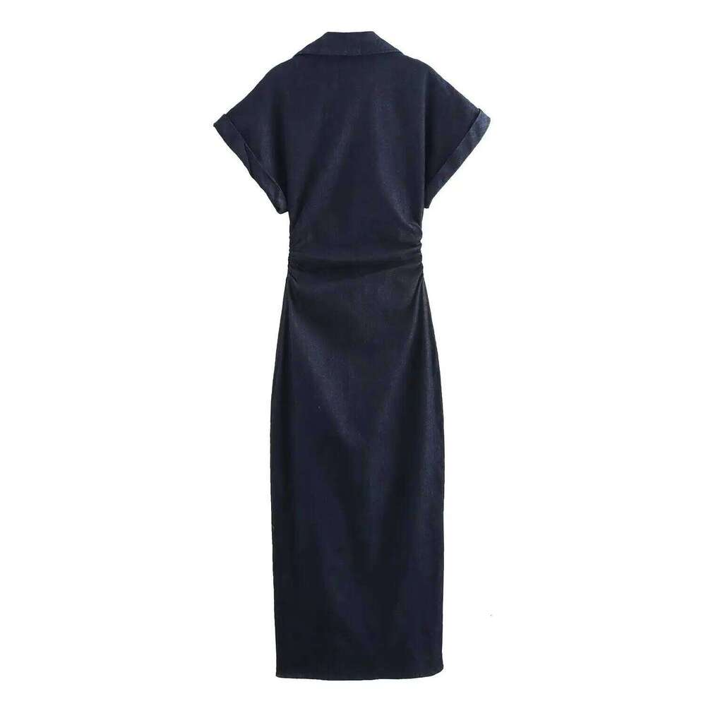 2025 Wansici Spring New 1975 series denim MIDI with lapel side zipper fashion wrinkle waist slim elegant dress XJ260131