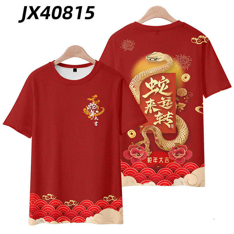 New Trend Round Neck Short Sleeve T-Shirt Loose Fit Chinese Style Snake Year Good Luck Heat Transfer Print Mesh Fabric Luanyun Luanyun