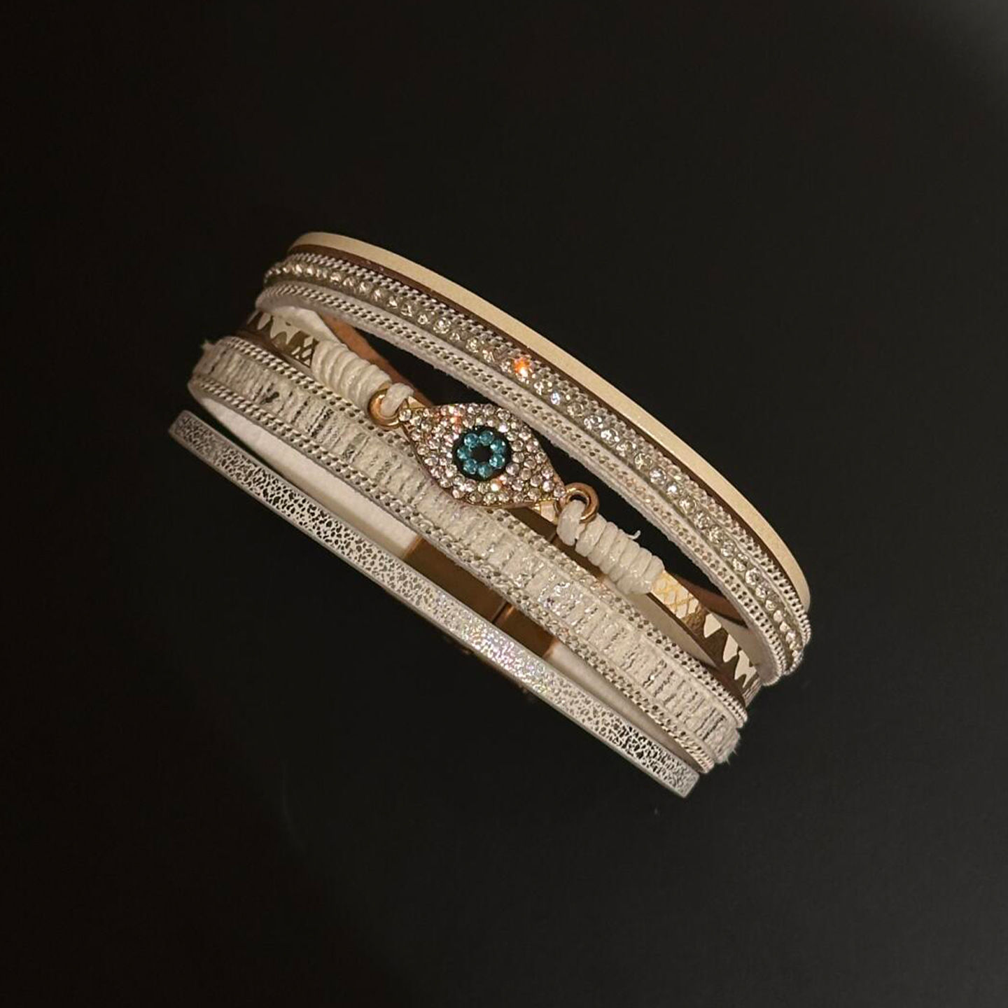 Inlaid Diamond Leather Devil's Eye Multi-layer Magnetic European and American Retro Light Luxury Bracelet Niche Design Sense Jewelry for Women