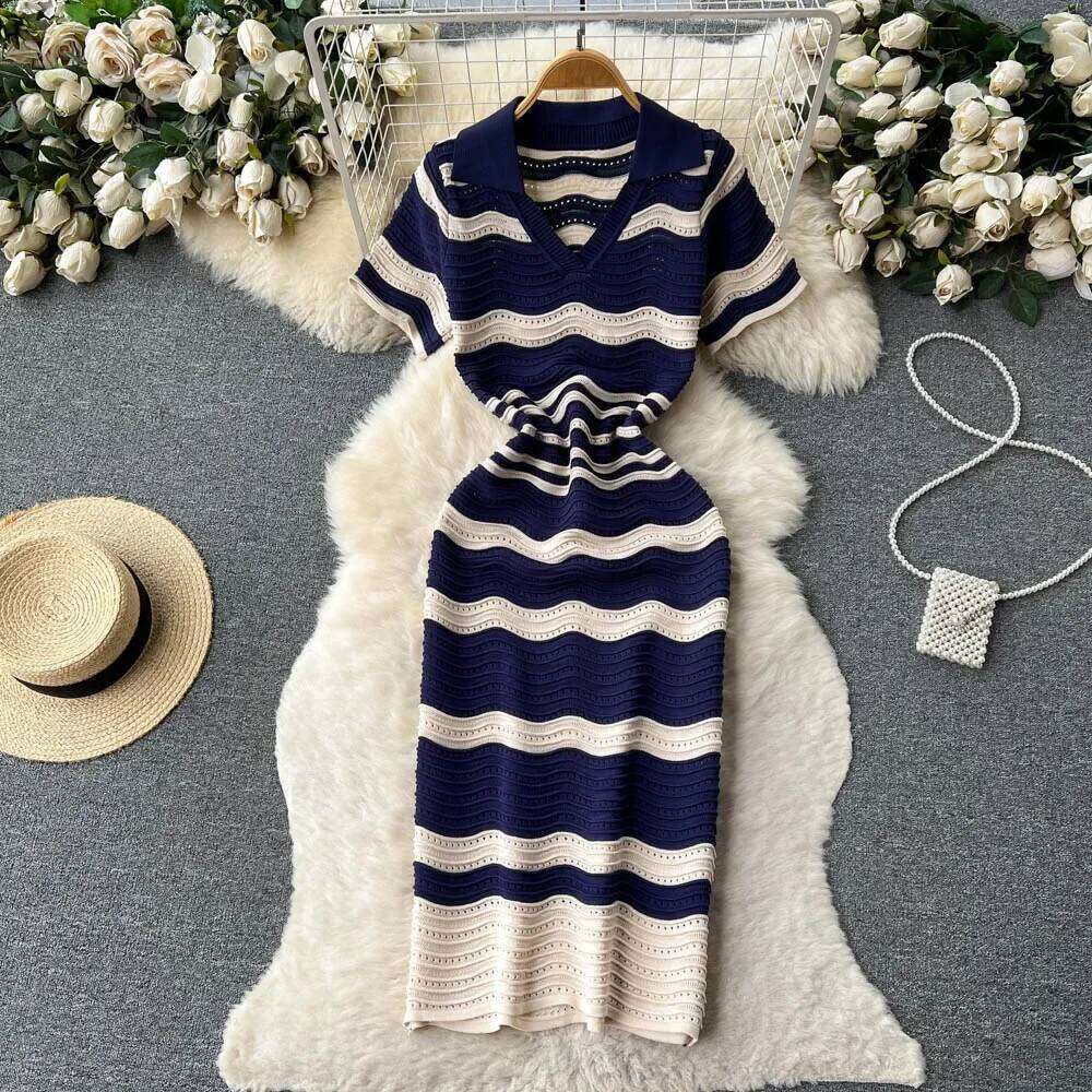 Short Sleeves Striped Long Lapel Neck Hollow Out Slim Bodycon Sundress Fashion Hotsweet Knitted Beach Midi Dress XJ260131