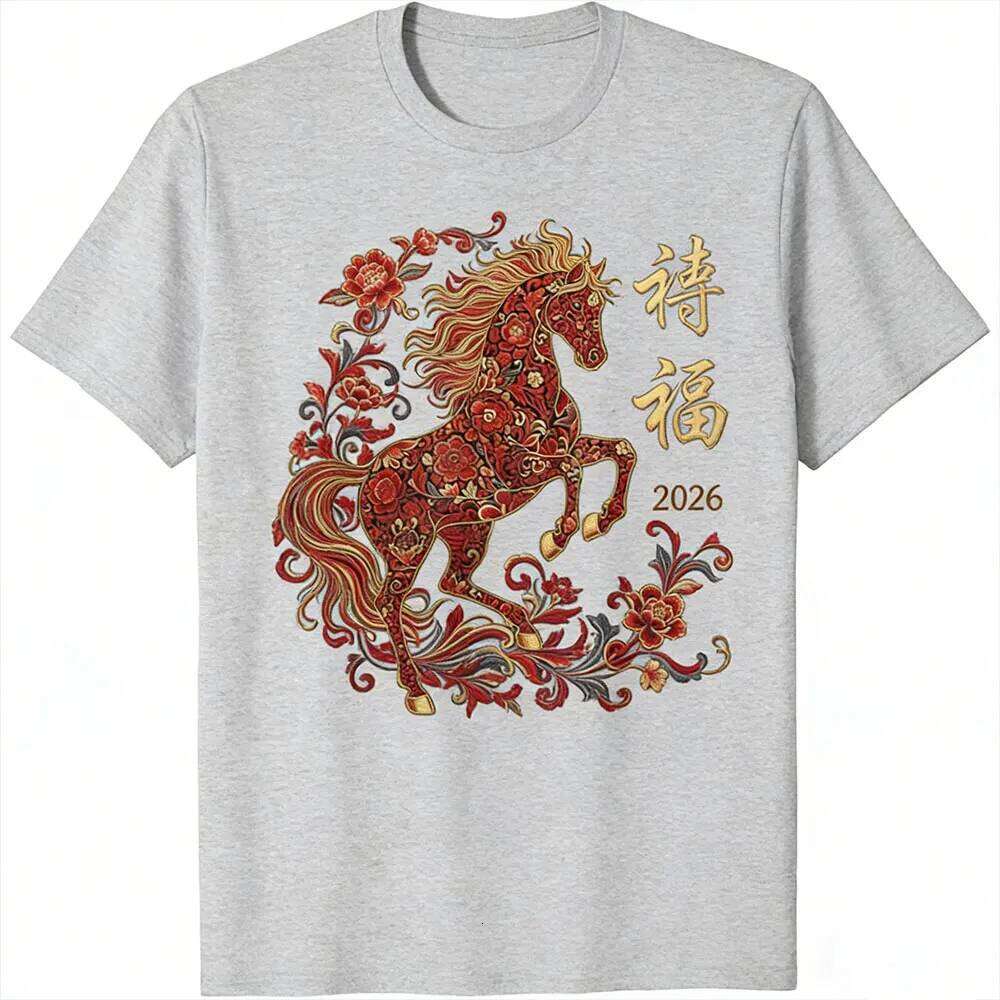 of The Horse 2026 Zodiac Men's Chinese Cotton T-Shirt New Year Party Gift Shirt Tops Winter Casual Men Clothing C260131