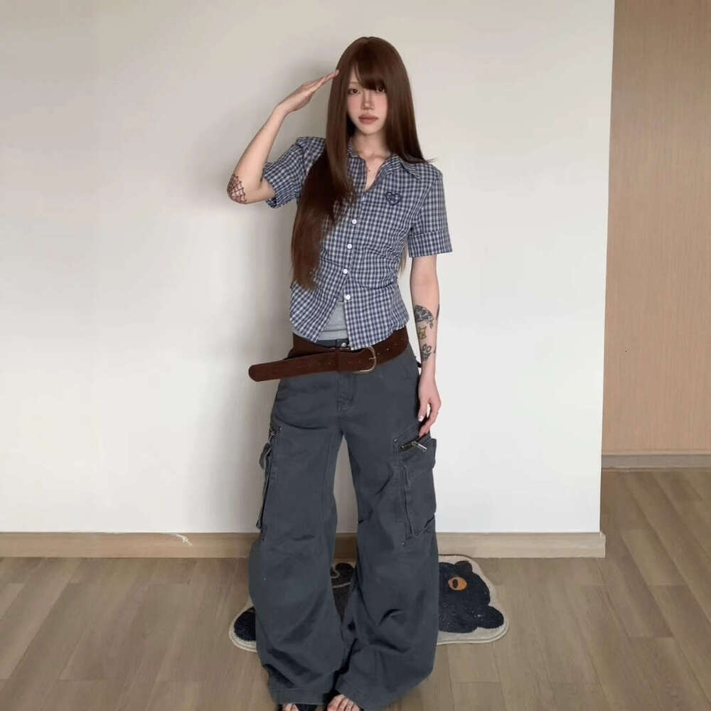 American Retro Heart Embroidery Plaid Shirt For Women, Summer Irregular Pleated Waist Slimming Blue Short Sleeve Top