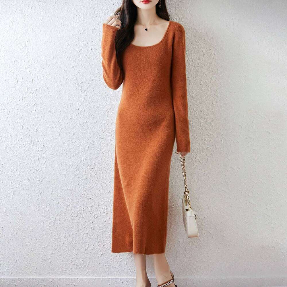 New100% Merino Wool Pullover for Women U-Neck Knitted Long Dress Autumn Winter Cashmere Skin Friendly Clothing Warm Casual Top XJ260131