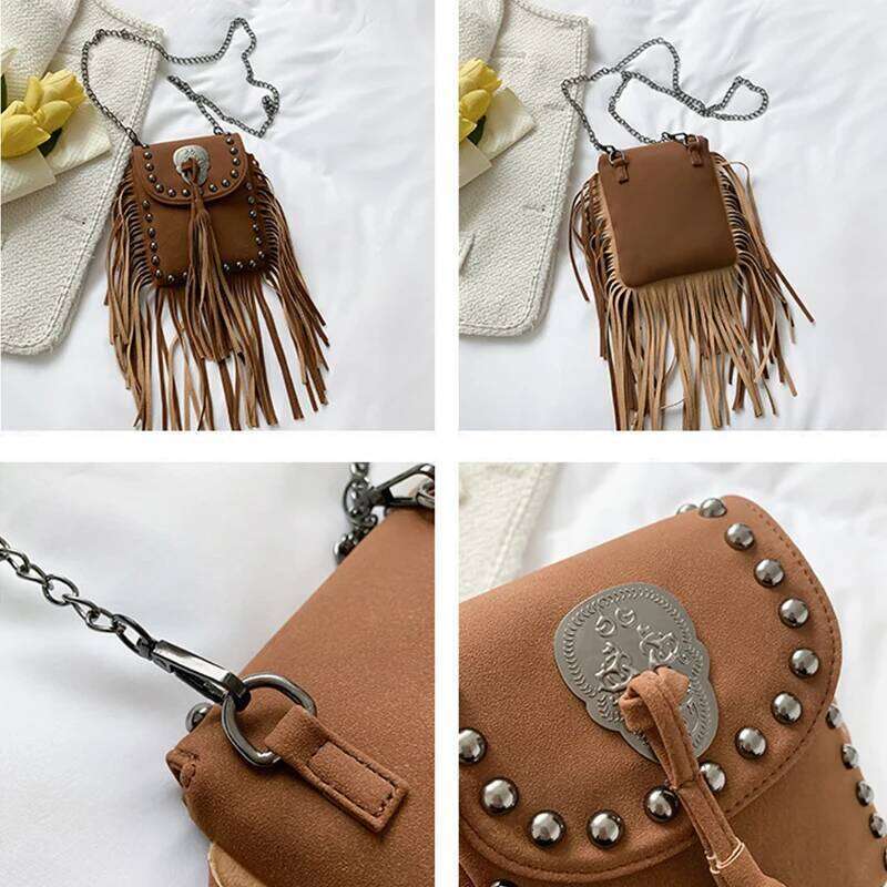 Women's Crossbody Vintage Tassel Shoulder Bag For Women Leather Punk Rivet Zipper Wallet Travel