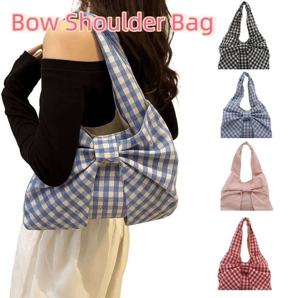 Lightweight Korean Style Bow Shoulder Bowknot Fashion Plaid Tote Portable Cute Canvas Vest Bag Outdoor XJ260130