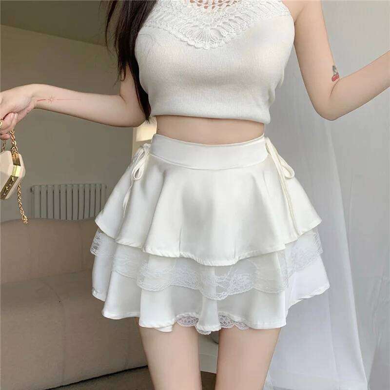 White Mini Skirts Women Lace Patchwork Sweet Ball Gown Sexy French Style Ruched Ruffled High Waist Summer Layered Romantic Gril XJ260131