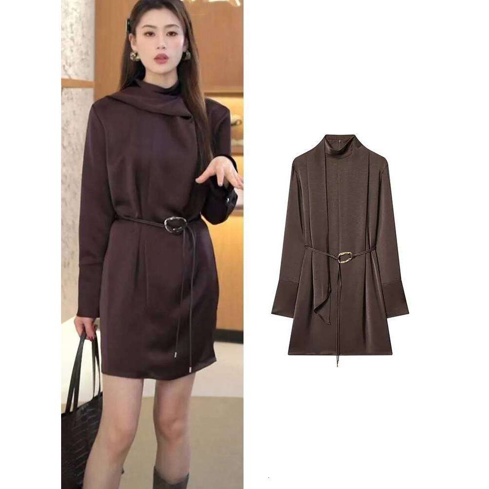 TFMLN New Arrivals Women's Half High Neck Long Sleeve Slim Fit Belt Decoration Temperament Elegant Short Dress XJ260131