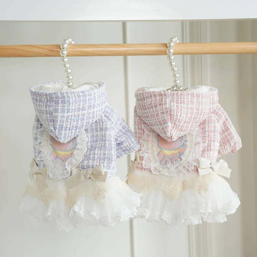 Pet Autumn Winter Woolen Patchwork Mesh Coat Princess Small Medium-sized Dog Wedding Dress Cat Cute Two Legged Outfit H260130