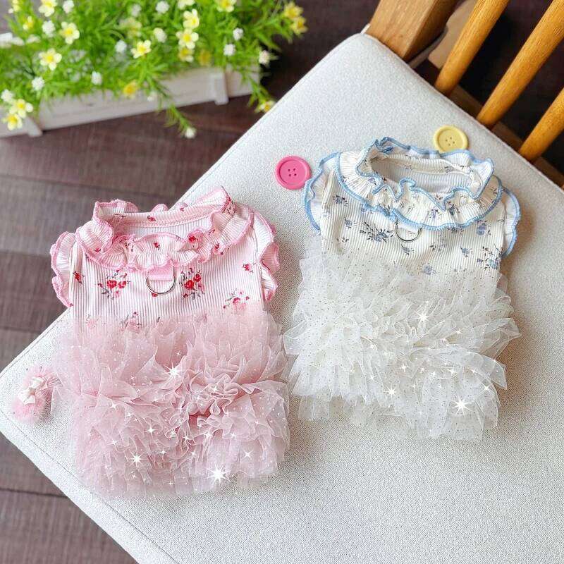 Mesh Layered Floral Tutu Puppy Teddy INS Dance Skirt Dress Pet Clothing Dresses for Small Dog H260130