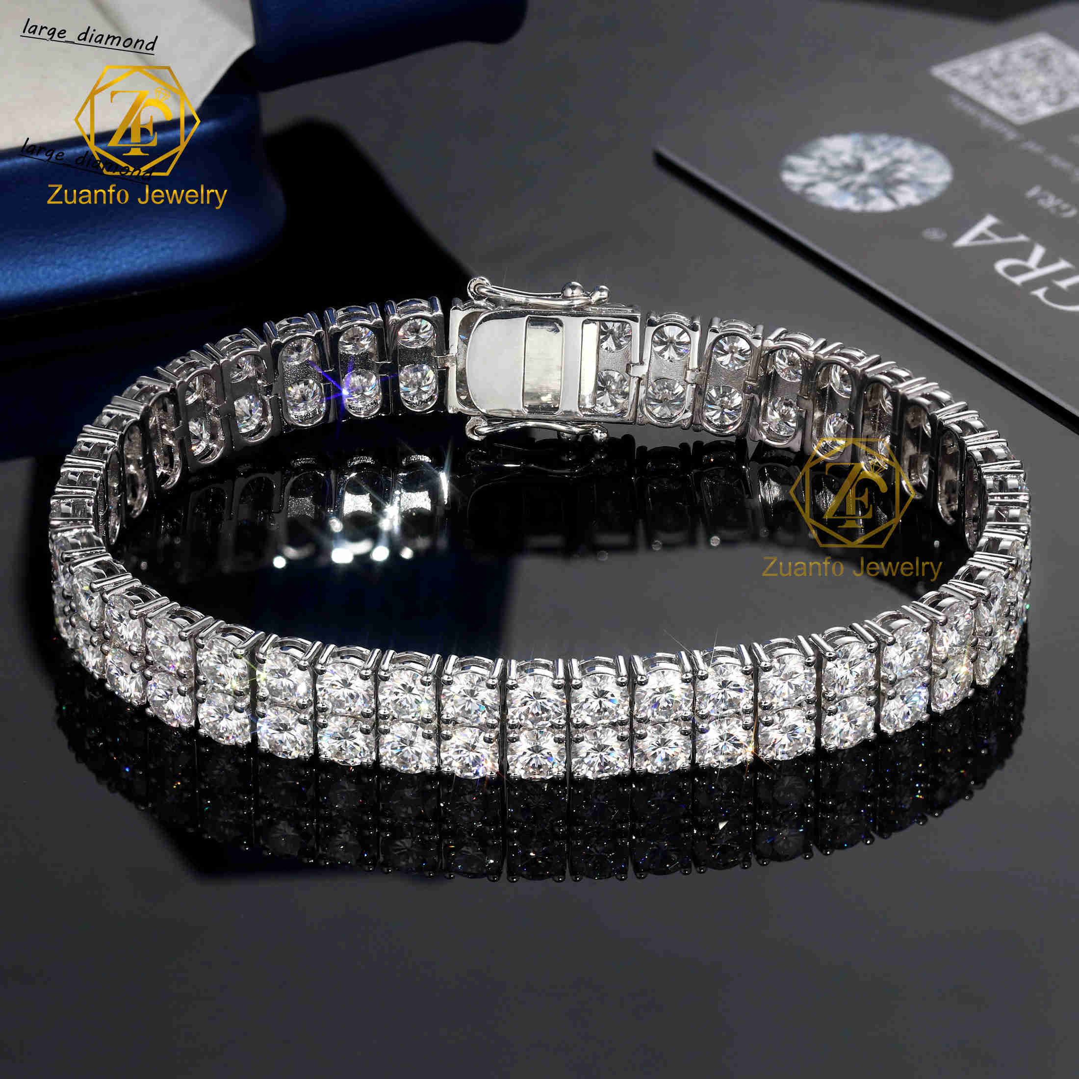 Hip Hop Charm Jewelry Bracelet 2 Rows Clustered Gra Synthetic 5MM 05CT Moissanite Diamond 10MM Wide Tennis Bracelet for Women