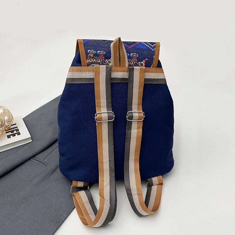 Ethnic style embroidery jacquard canvas women's double shoulder bag with academic style, large capacity, drawstring closure and