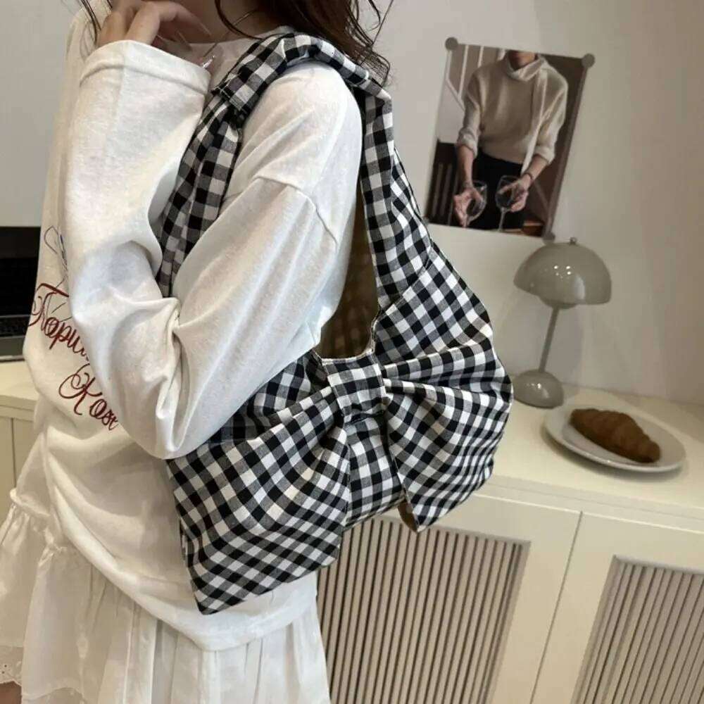 Lightweight Korean Style Bow Shoulder Bowknot Fashion Plaid Tote Portable Cute Canvas Vest Bag Outdoor XJ260130