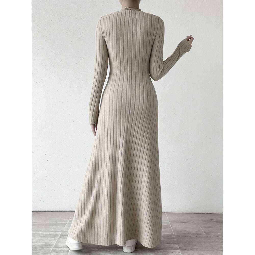 Women's Slim Fit Fashionable Knitted Long Sleeve A-Line Street Style Solid Color Maxi Dress XJ260131