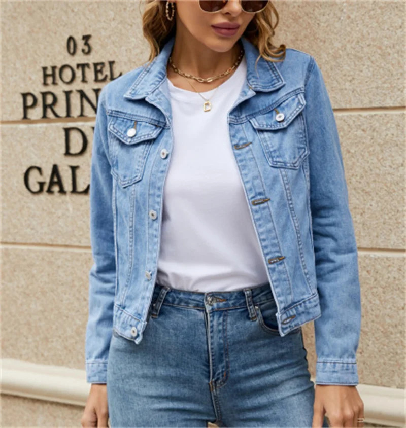 Women Short Denim Jackets Fashion Female Casual Long Sleeve Lapel Solid Button Pocket Slim Jean Jacket Fall Winter Coat 260120
