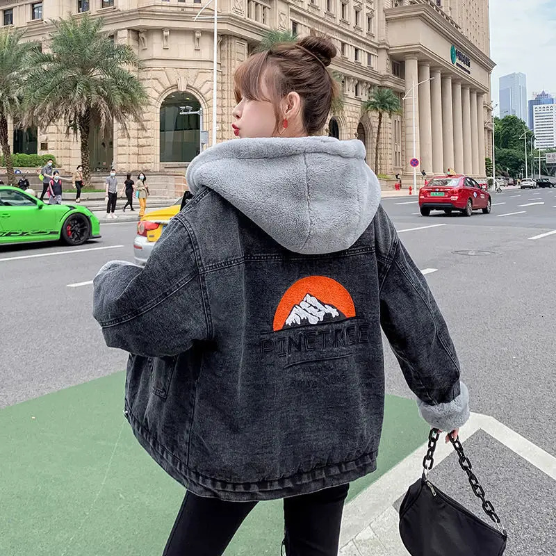 Womens Loose Allmatch Fleece Thickened Hooded Denim Jacket 260120