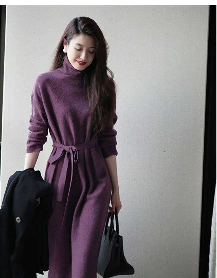 Turtleneck Knit Bottoming Dress Women's Spring And Autumn Coat New Temperament Knee-Length Sweater Long Skirt XJ260131