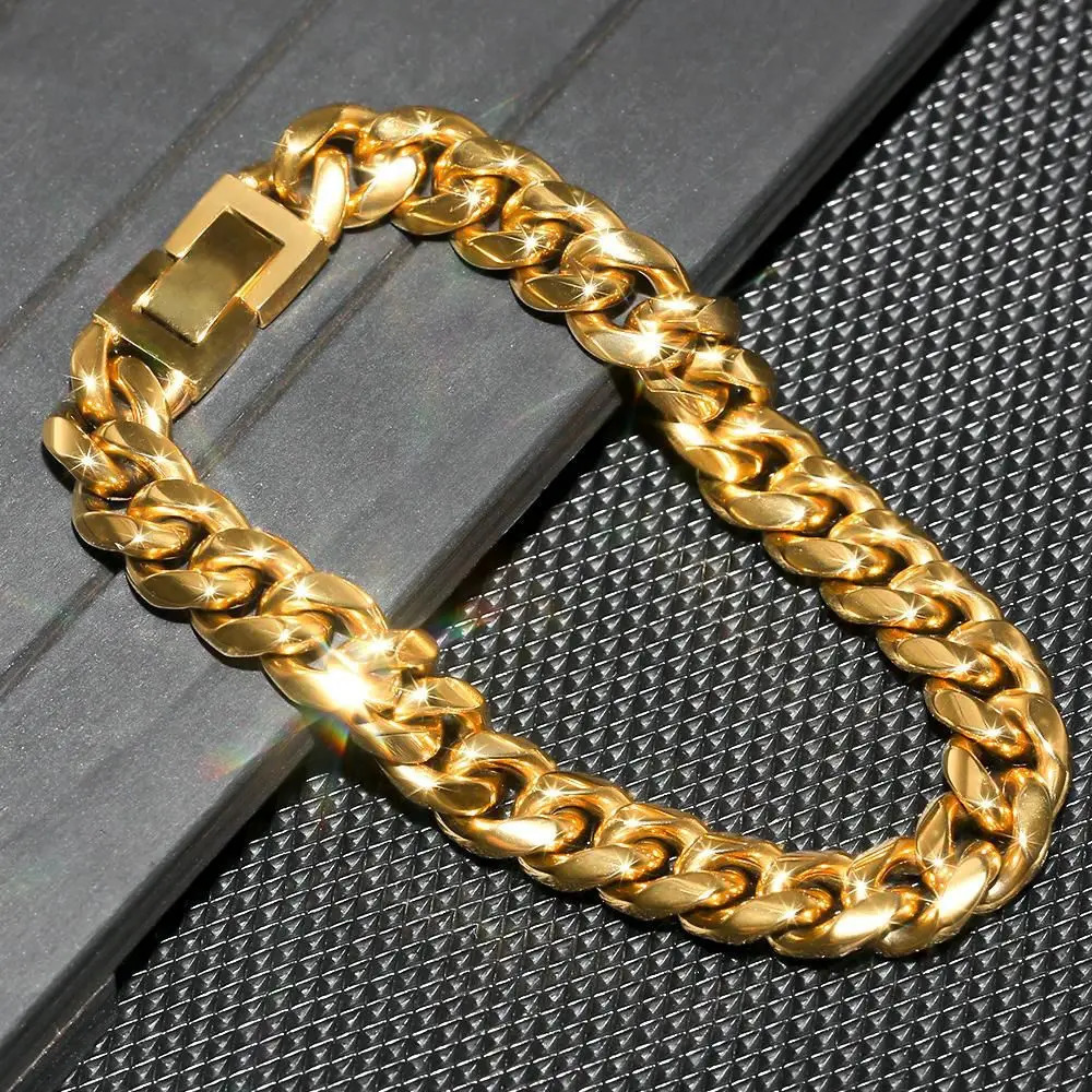 6-16mm Gold Color 316L Stainless Steel Curb Cuban Link Chain Bracelet Bangle Jewelry 7-9inch for Men Women 260126